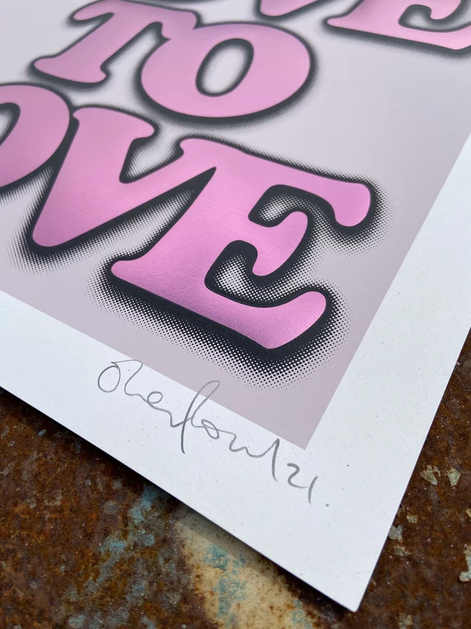 Metallic Hot Foil  "Love to Love" Screen Print in lilac. typography says love to love with a drop shadow the print is square 