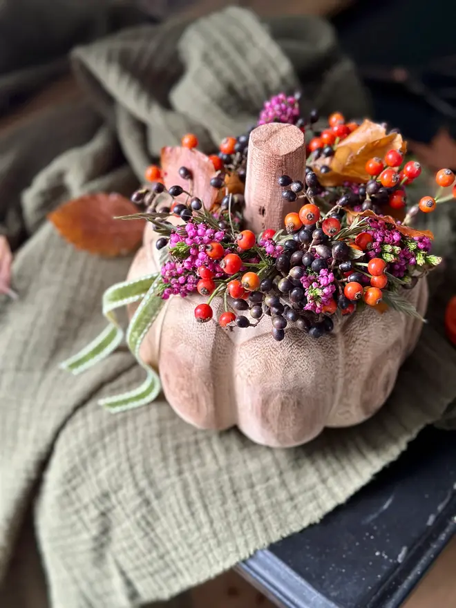 Carved Mango Wood Pumpkin with Heather and Berry Crown