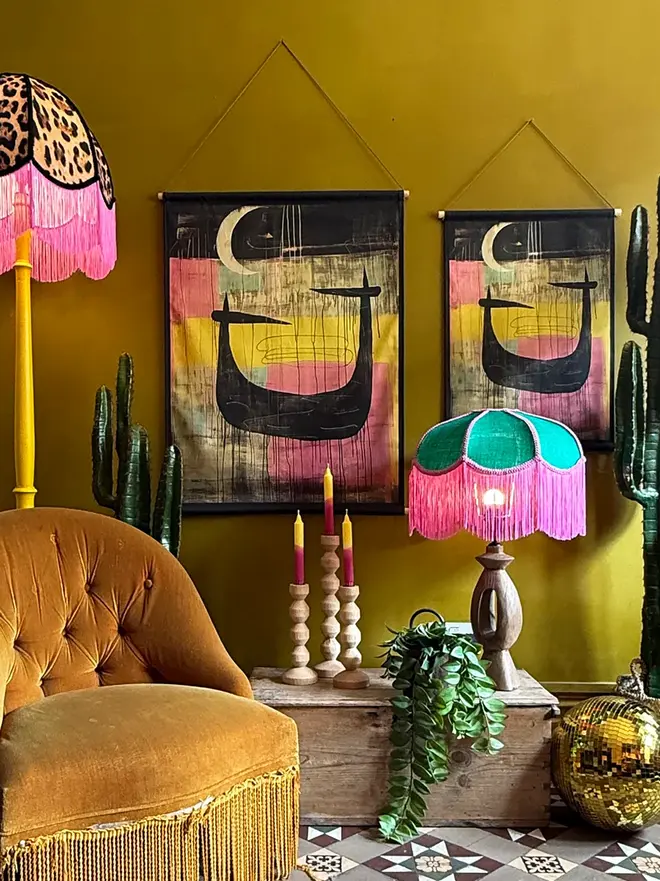 Emerald Green Petal Lampshade With Bubblegum Pink Fringe. 