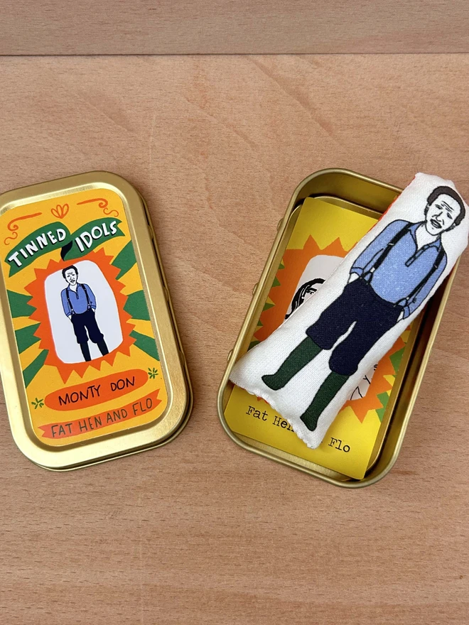 Mini illustrated fabric figure of Gardener's World presenter, Monty Don with a keepsake tin.
