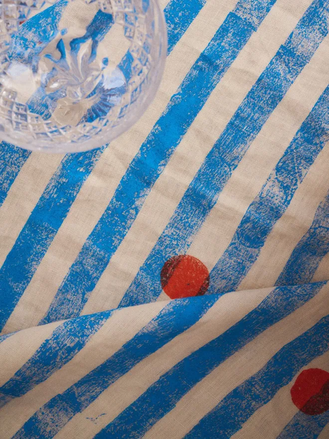 Blue Stripe and Red Dot Tablecloth 