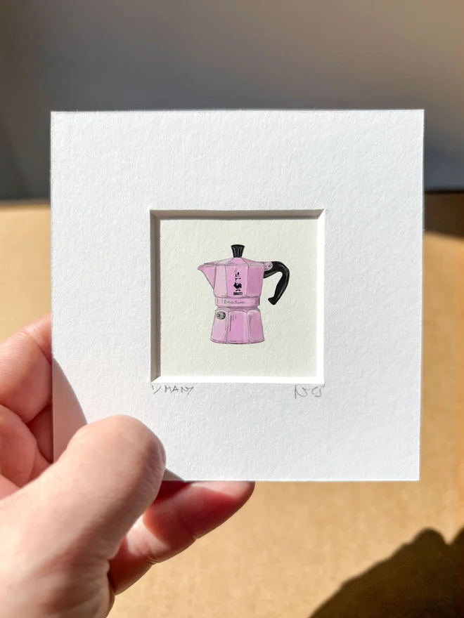 Illustrated mini art print size example Italian espresso coffee pot maker tiny print with mount