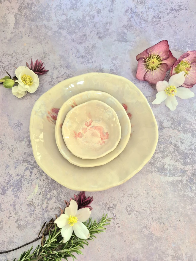 Nesting set of bowls, ceramic bowls, pottery bowls, Jenny Hopps Pottery, ceramic gift, home gift, pink and cream