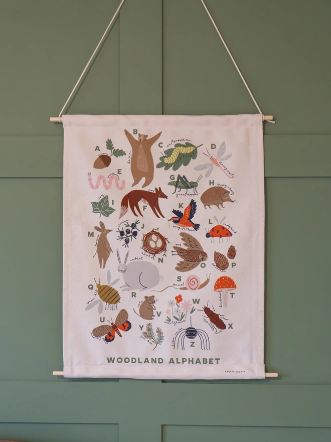 Woodland Alphabet Fabric Banner, against a green wall. 