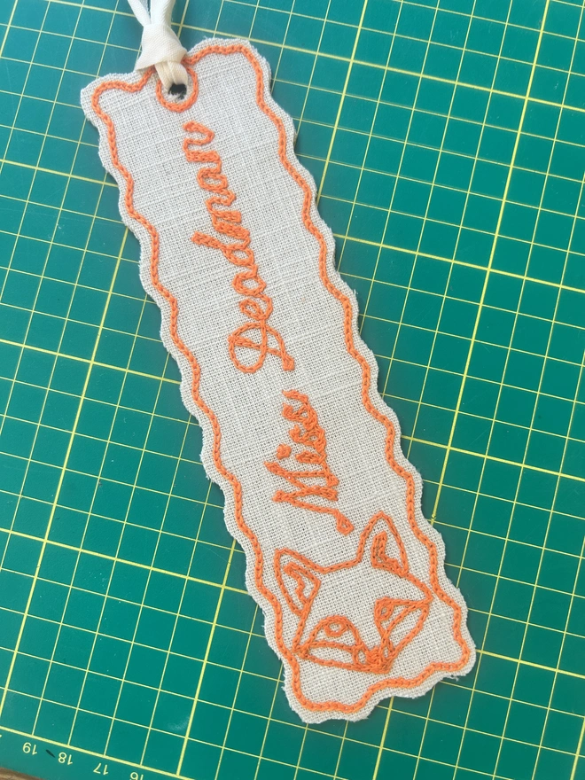 embroidered linen bookmark orange thread fox