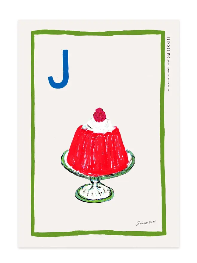 signed a-z alphabet prints. jelly print with the letter 'j' in the corner.