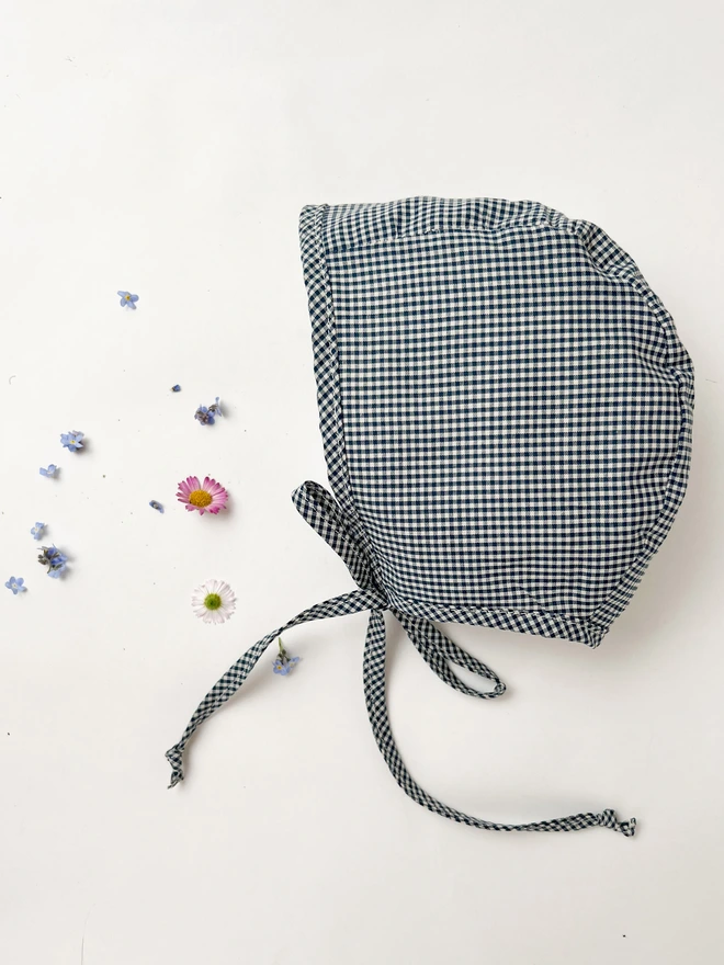 navy gingham Baby Bonnet with flowers