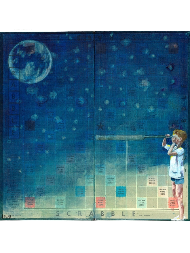 little boy with telescope looking at the moon painted onto a vintage scrabble board