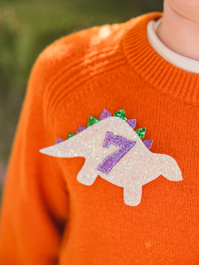 Personalised Glitter Dinosaur Birthday Badge. 