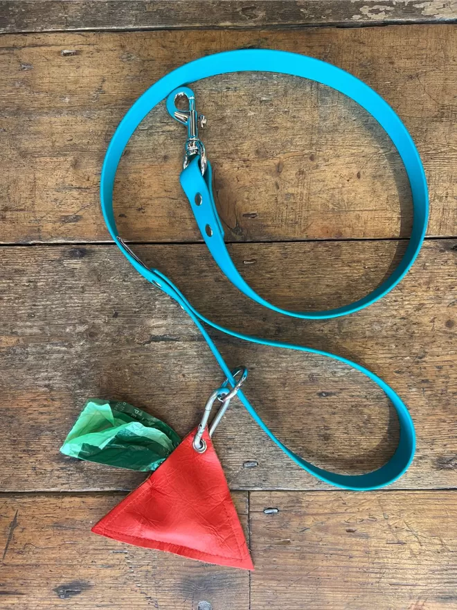 Triangle Poo Pouch on a Teal Biothane Dog Lead