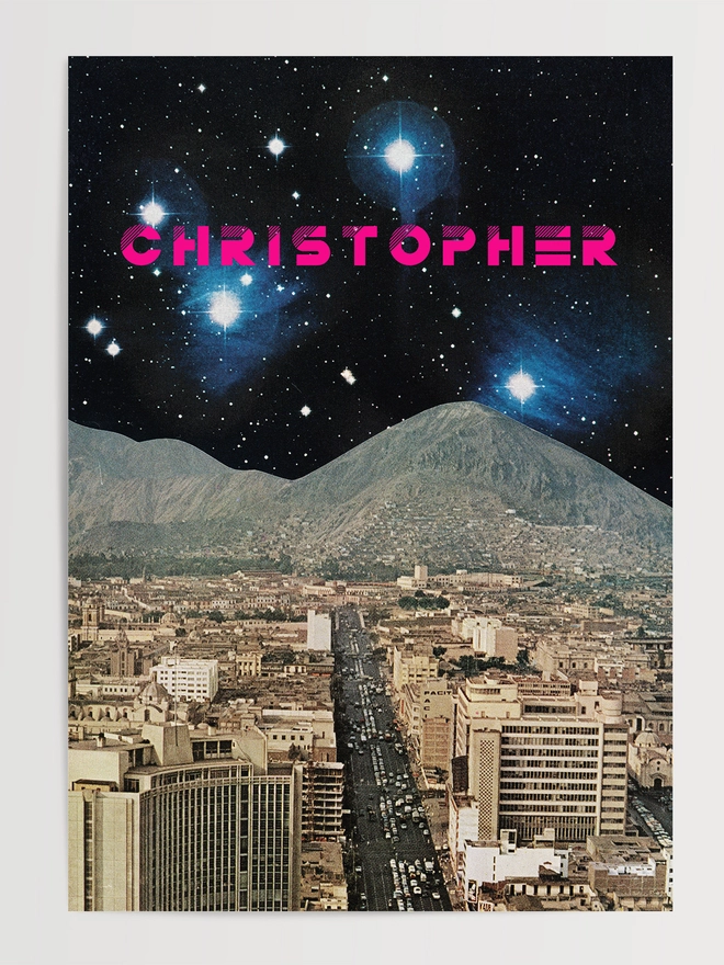 A personalised retro space print featuring a faraway planet deep in space. A bold name in hot pink sits among the stars.