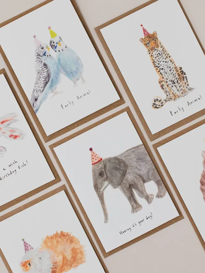 Party Animal themed birthday cards 