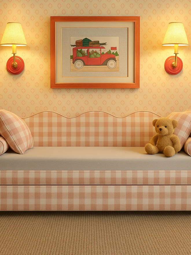 'The Lochlan' upholstered gingham trundle bed. a pink gingham children's sofa-style bed with cushions and a duvet.