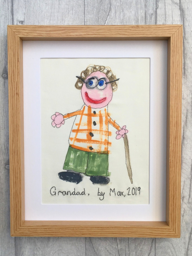 bespoke embroidered artwork of a children's drawing showing an illustration of a Grandad