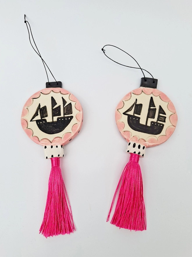 seafaring lantern ceramic pink handmade crab ship schooner silhouette chinoiserie decoration wall hanging art