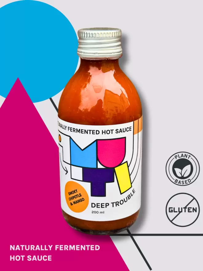 A Bottle Of Muti Deep Trouble On A Colourful Geometric Pop Art Background.
