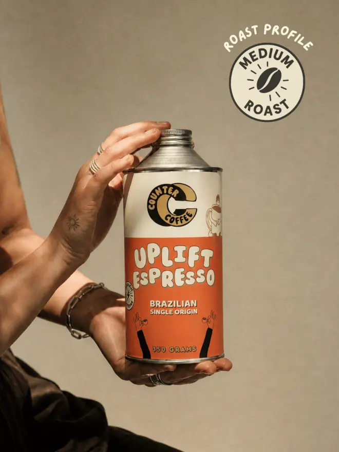 Uplift Espresso. A tin of coffee beans from Counter Coffee.