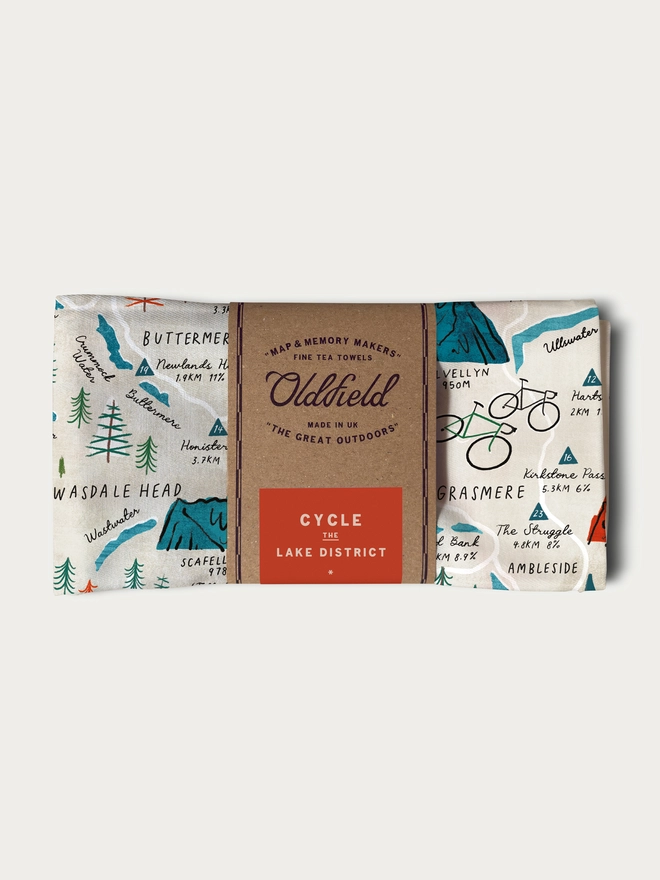Cycle the Lake District Tea Towel Folded and Packaged