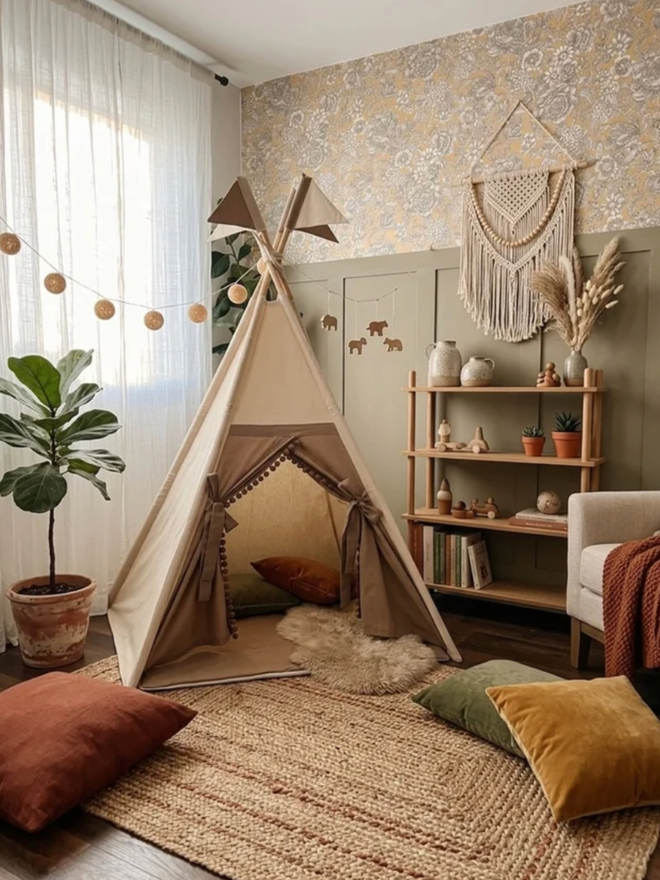 Personalised Canvas and Chocolate Brown Kids’ Teepee. A canvas and brown teepee.