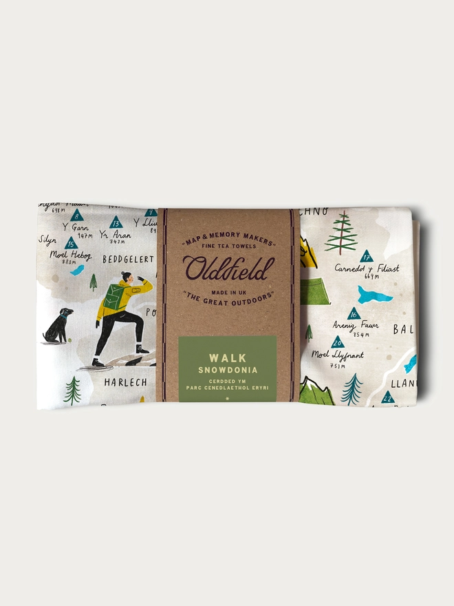 walk snowdonia tea towel folded and packaged