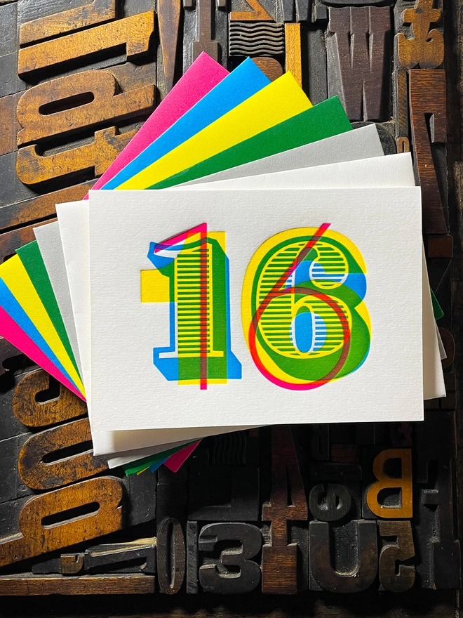 16th birthday anniversary typographic letterpress card. Deep impression print. Unique with no print being the same. They show slight colour variations adding to the style. Also available in other milestones : 1, 2, 3, 18, 21, 30, 40, 50, 60, 70, 80.