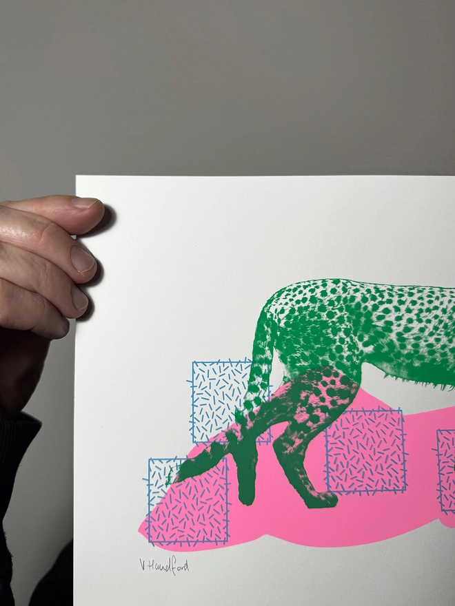 Techno Cheetah – Screen Printed Poster - Small A4 Size - Close up detail shot top left