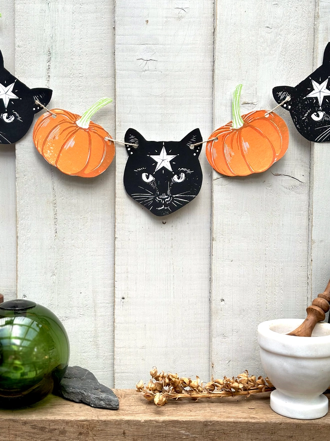 Black Cosmic Cat & Pumpkin Halloween Linocut Garland