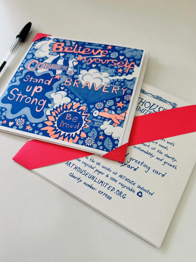 A riso printed charity card called Believe In Yourself with positive affirmations in bright colours