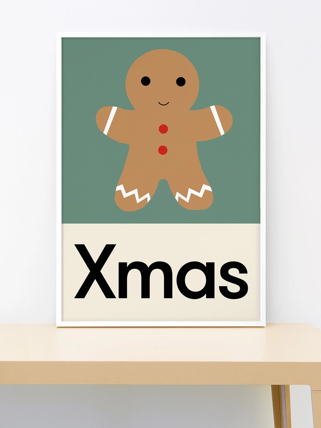 illustrated gingerbread man wall print with word Xmas