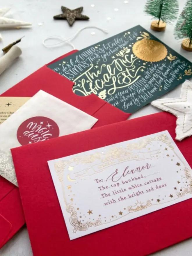 The green certificate tucked into a red envelope, which has a gold "Special Delivery" label addressed to Eleanor.