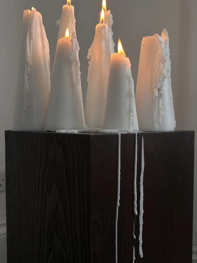 White Christmas Tree Cone Candles (Set Of 3). A cluster of lit cream cone candles on a dark wooden plinth, with melted wax dripping down their sides and over the edge. The dramatic dripping effect gives these sculptural candles a moody, artistic look.
