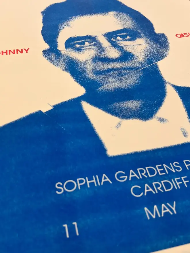'Johnny Cash' Handmade Risograph Gig Poster, zoomed in. 