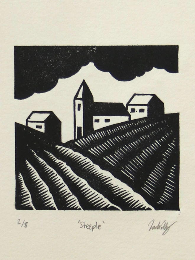 Linocut print rural farmland and houses