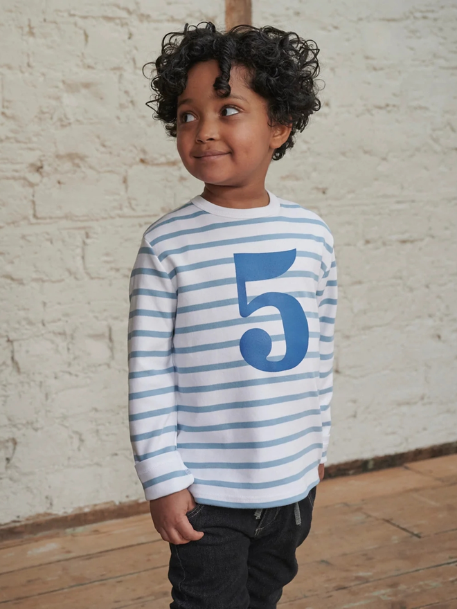 Ocean Blue & White Breton Striped Number 5 T Shirt