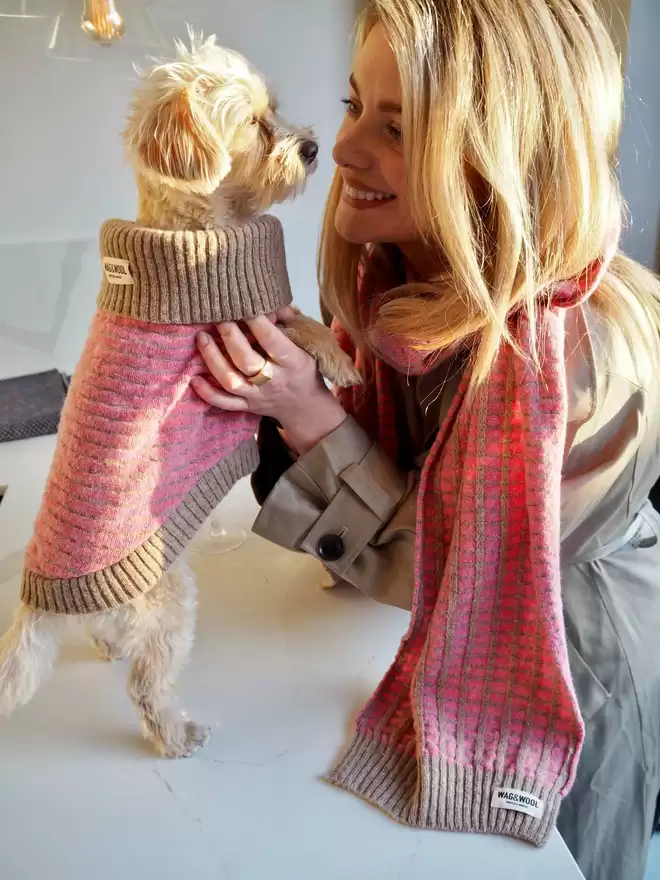 SMALL DOG IN A PINK JUMPER AND LADY IN A MATCHING PINK SCARF
