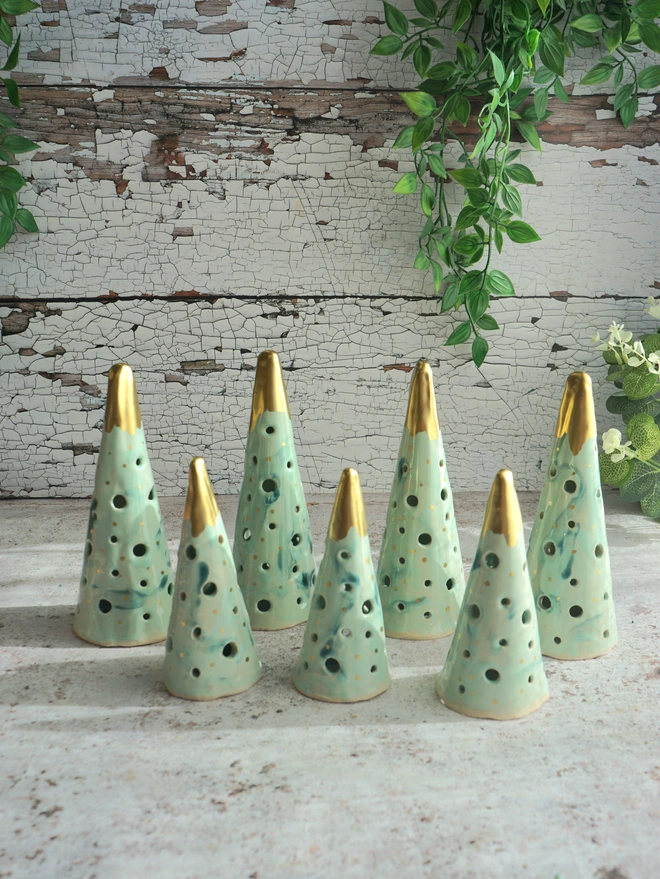 christmas tree lanterns, christmas tea light lanterns, christmas accessories, christmas lights, christmas trees lanterns, ceramic tree lanterns, ceramic christmas tree decorations, ceramic christmas trees, Jenny Hopps Pottery, green ceramic trees with gold 