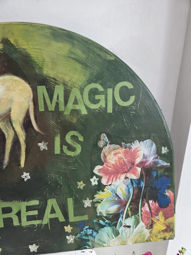 A magical unicorn art panel made from a reclaimed table-top