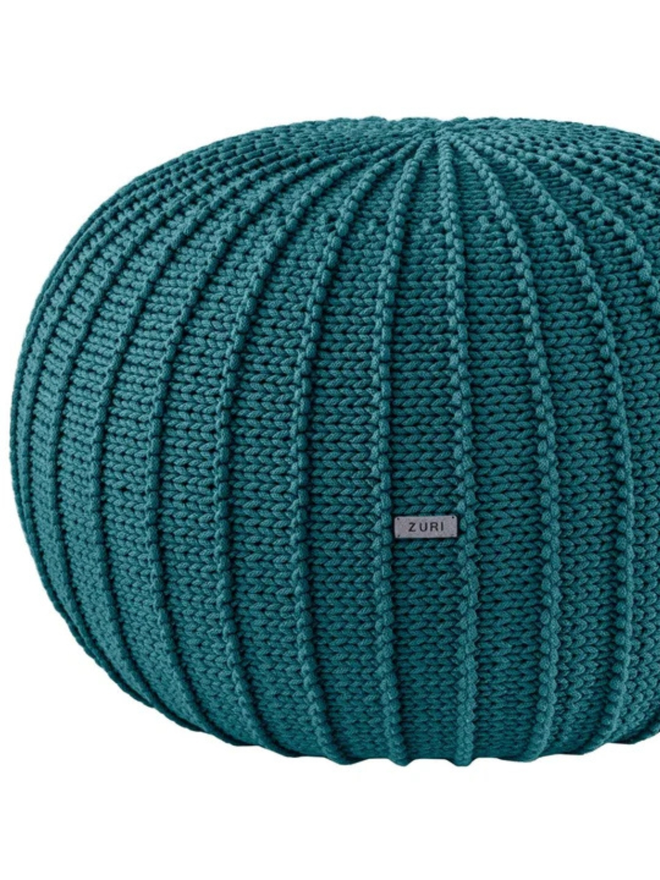 Zuri House. Large ocean blue knitted pouffe.