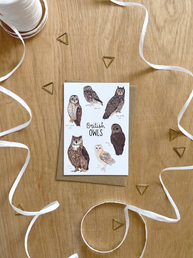 a greetings card featuring owls found in britain and the words “British Owls”