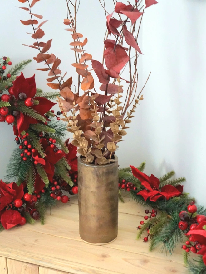 christmas vase, large gold vase, metallic vase, gold ceramic vase, bronze ceramic vase, statement vase, Christmas homeware, christmas accessories, gold christmas decor, Jenny Hopps Pottery