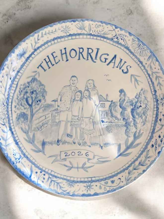 personalised family portrait round platter. a personalised family portrait plate.