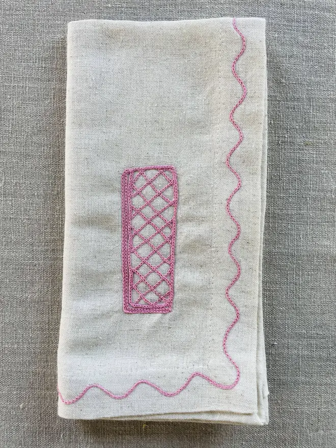 pink wafer embroidered linen napkin