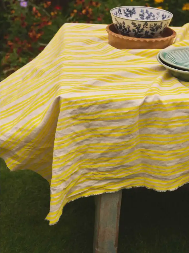 Yellow stripe linen tablecloth