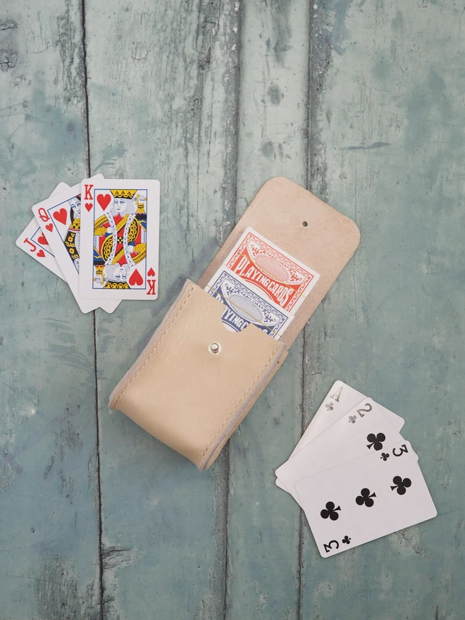 Personalised Leather Double Deck Playing Card Holder. Natural cream case with two packs of playing cards.