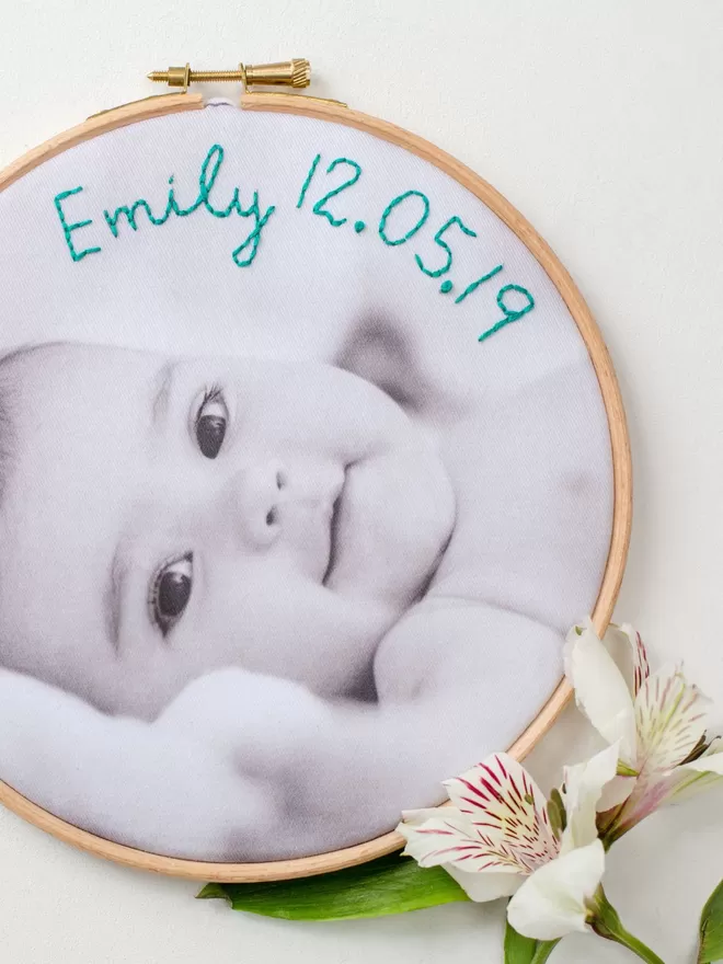 Personalised baby photo embroidery hoop art