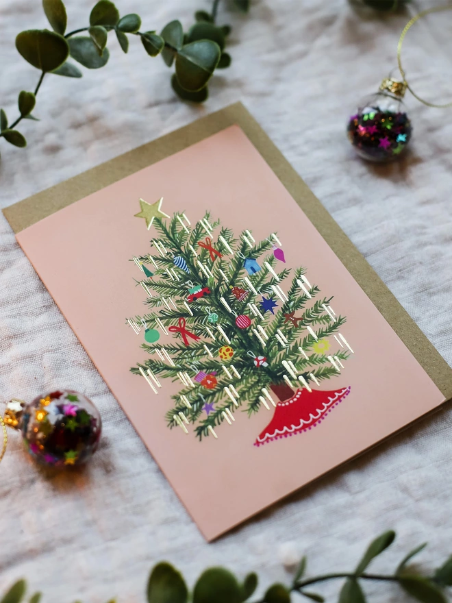 Gold Foiled Pink Christmas Tree Card