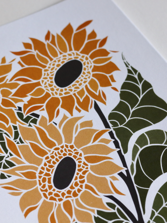 Linocut Sunflowers A4 art print in summer yellow and orange