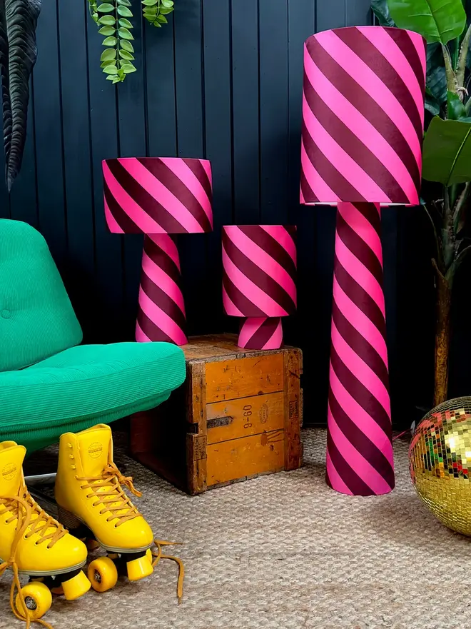 Portable Helter Skelter Velvet Lamps, in a room. 