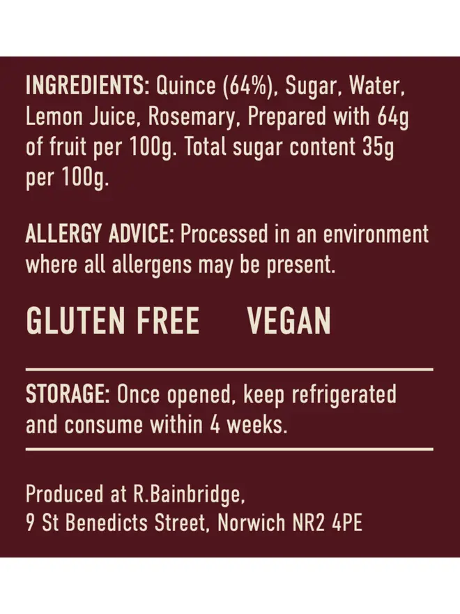 Norfolk Quince Jelly (Set Of 1, 2 Or 3), the nutritional information of the jelly. 