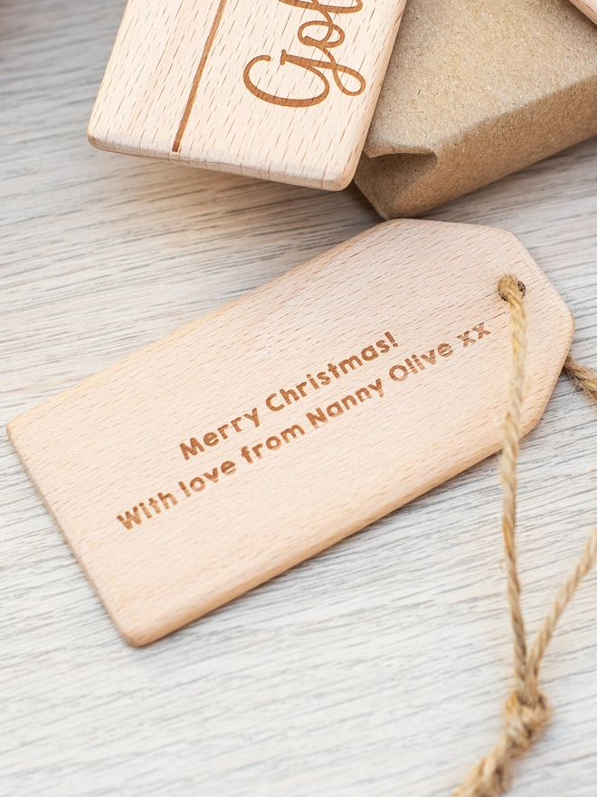 Gift message on the back of a wooden tag